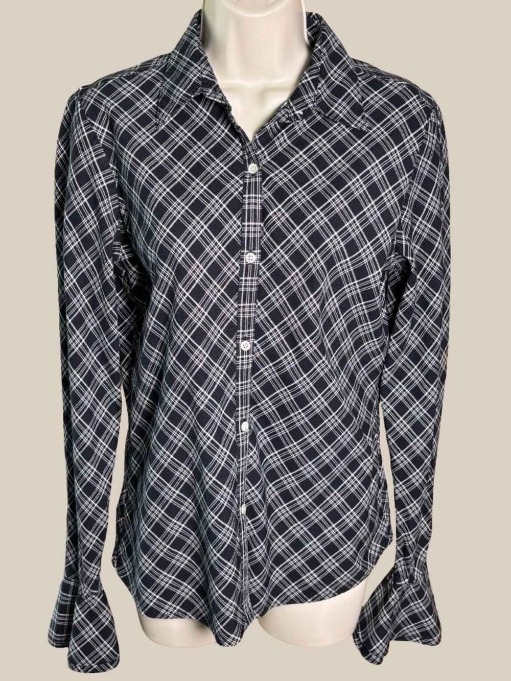 Lauren Ralph Lauren Black Diagonal Plaid Button Down Blouse Preppy Dark Academia